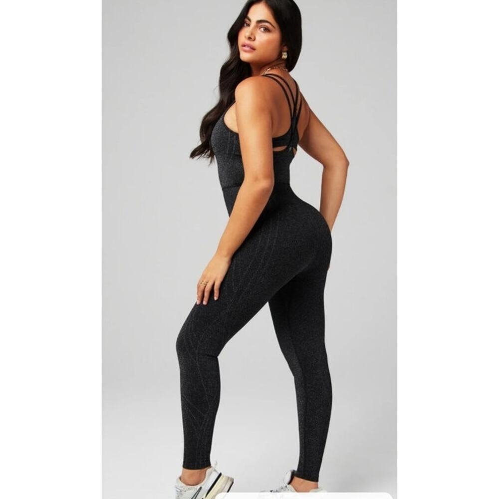 Fabletics X Khloe Kardashian Seemless Lurex Jumpsuit‎ Black Sparkle sz LG